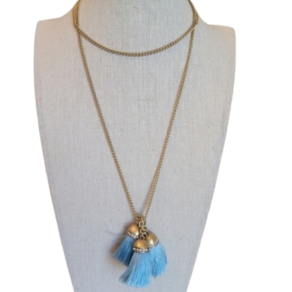 J Crew Blue Tassel Necklace with Crystals